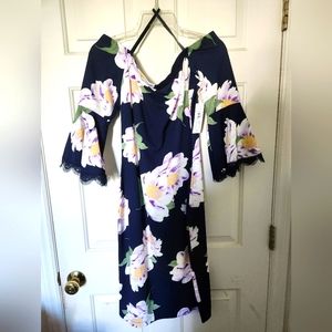 NWT Off the shoulders flowered navy blue dress with flared/bell sleeves